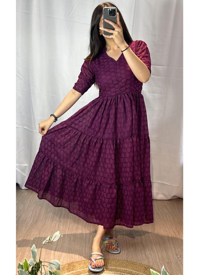 Hakoba Wine Casual Wear Schiffli Readymade Gown